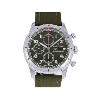 Montre d'occasion BREITLING Aviator 8 Chronograph 43 Curtiss Warhawk homme mouvement automatique certifié (cosc) bracelet cuir d'origine