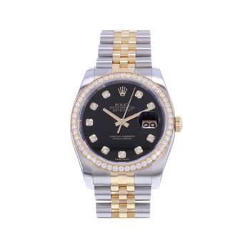 Montre d'occasion ROLEX DateJust 36 Diamants femme mouvement automatique certifié (cosc) bracelet or jaune 750/000 et acier