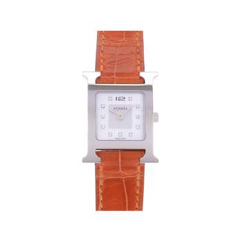 Montre d'occasion HERMES Heure H Index diamants femme quartz bracelet cuir d'origine