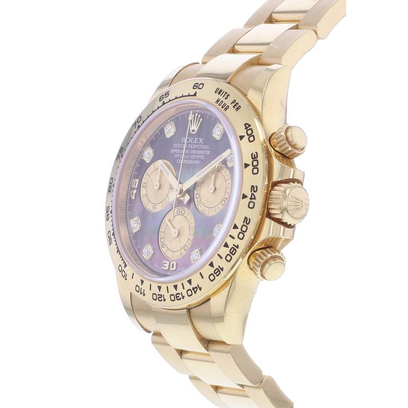 Montre d'occasion ROLEX Cosmograph Daytona Index diamants Mother of Pearl homme mouvement automatique certifié (cosc) bracelet or jaune 750/000 - vue D2
