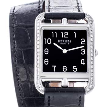 Montre d'occasion Hermès Cape Cod femme acier bracelet cuir noir